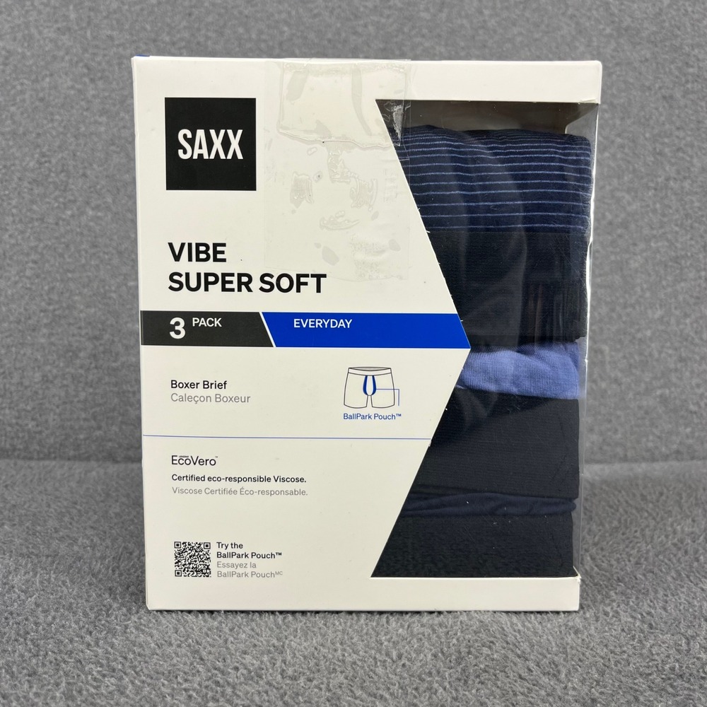 SAXX Vibe Super Soft Boxer Briefs Men Large Blue 3 Pack BallPark Pouch Underwear